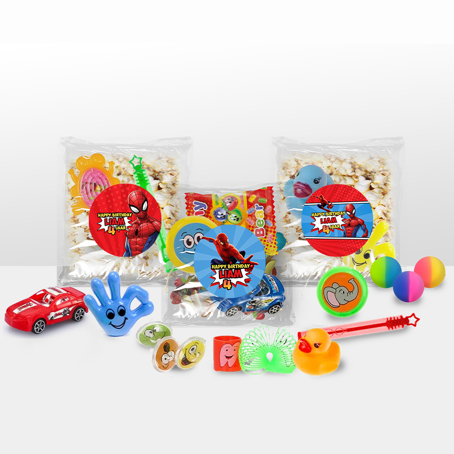 Gepersonaliseerde Spider-Man snoep en popcorn speelgoed traktatie
