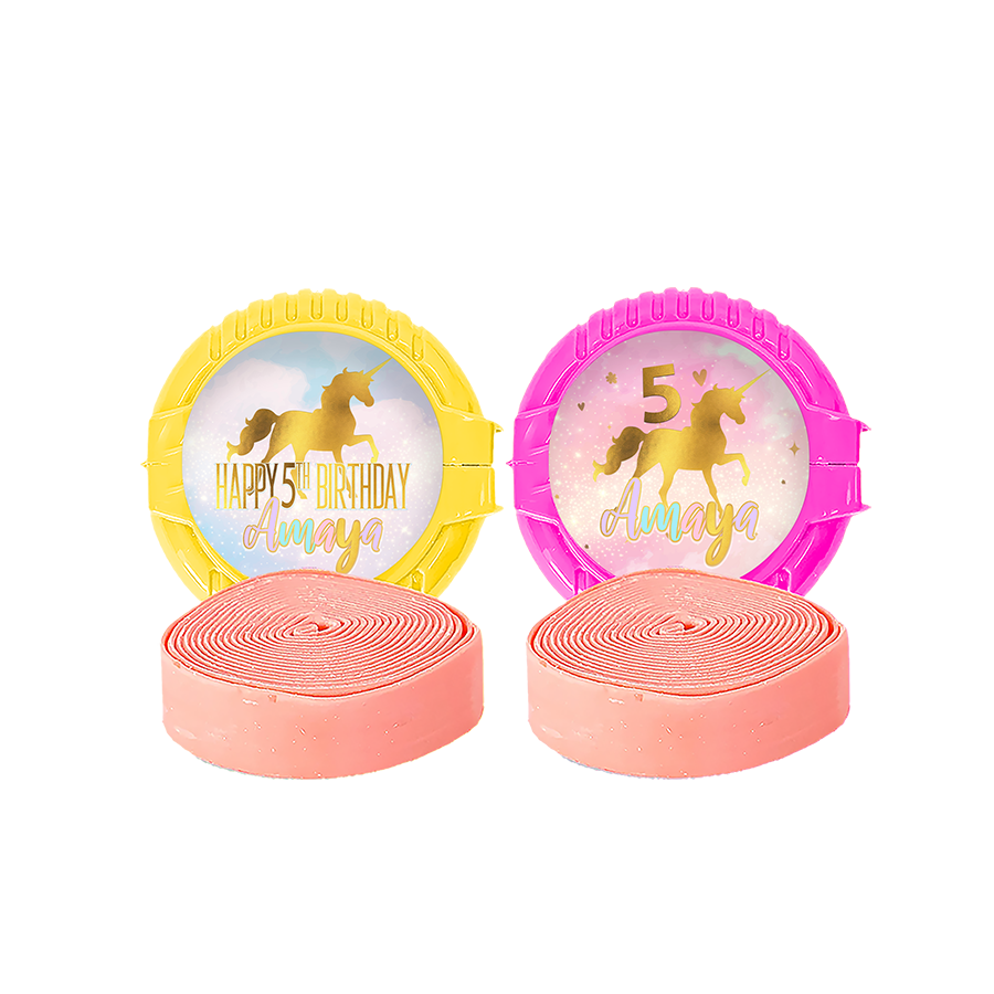 Gepersonaliseerde Golden Unicorn ronde kauwgom rollen