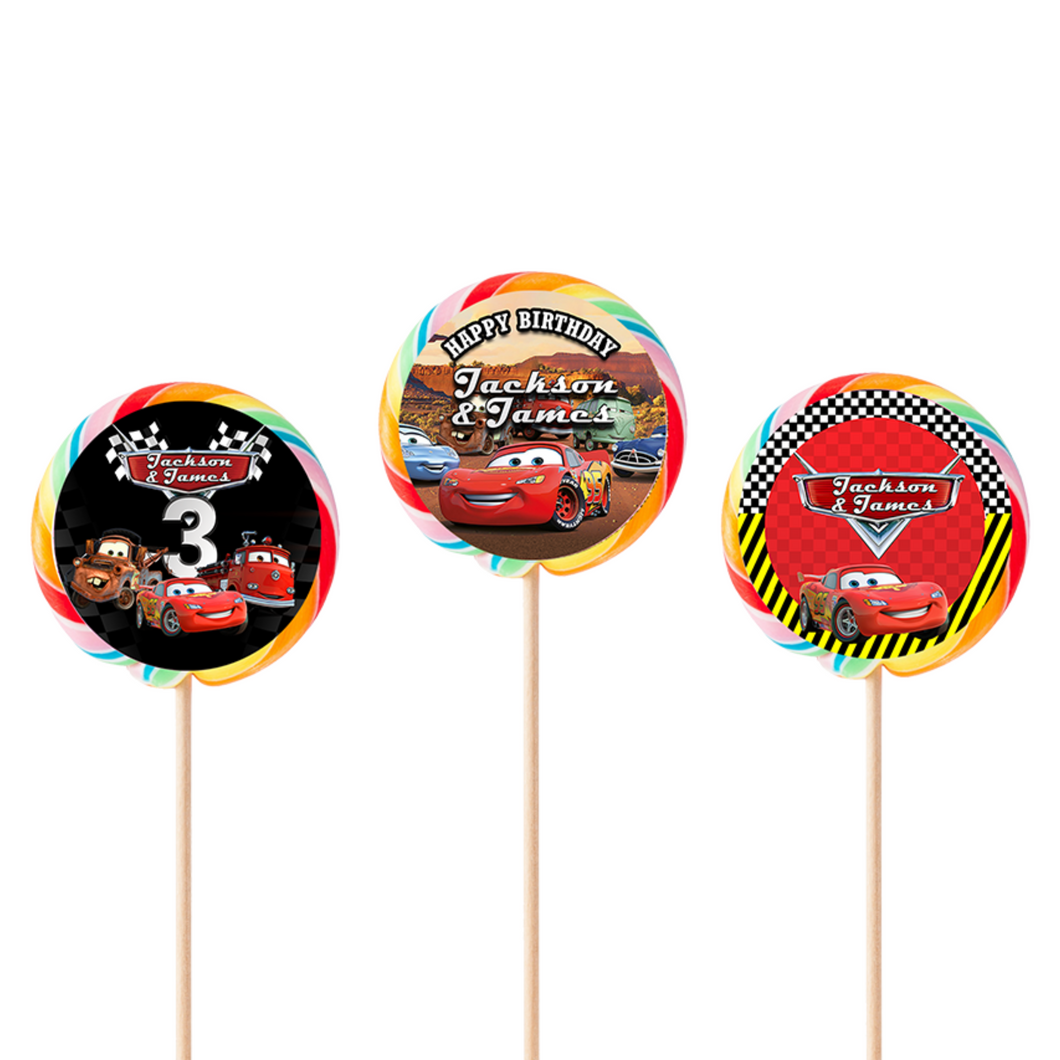 Gepersonaliseerde Cars ronde regenboog lollies