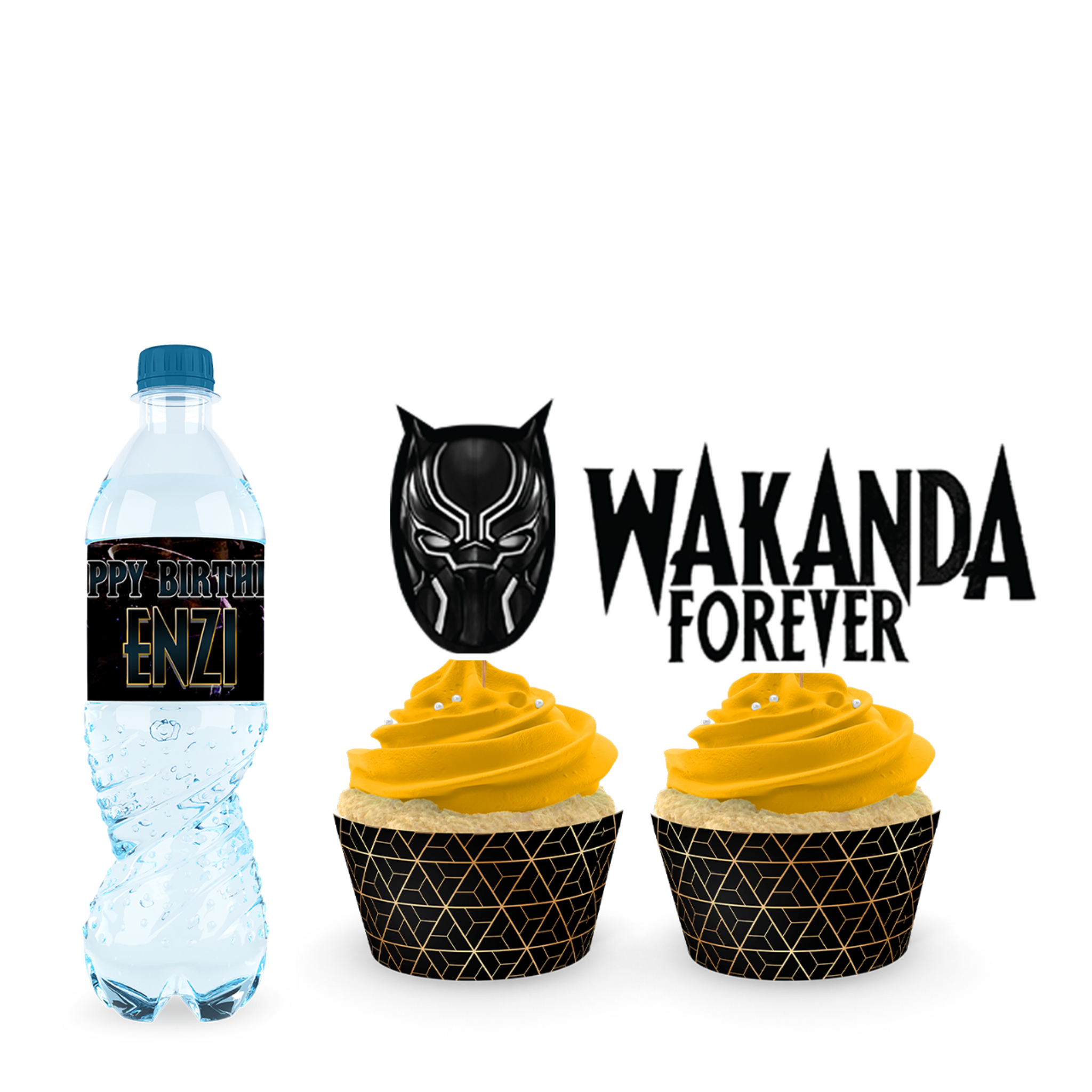 Black Panther waterfles labels en cupcake toppers