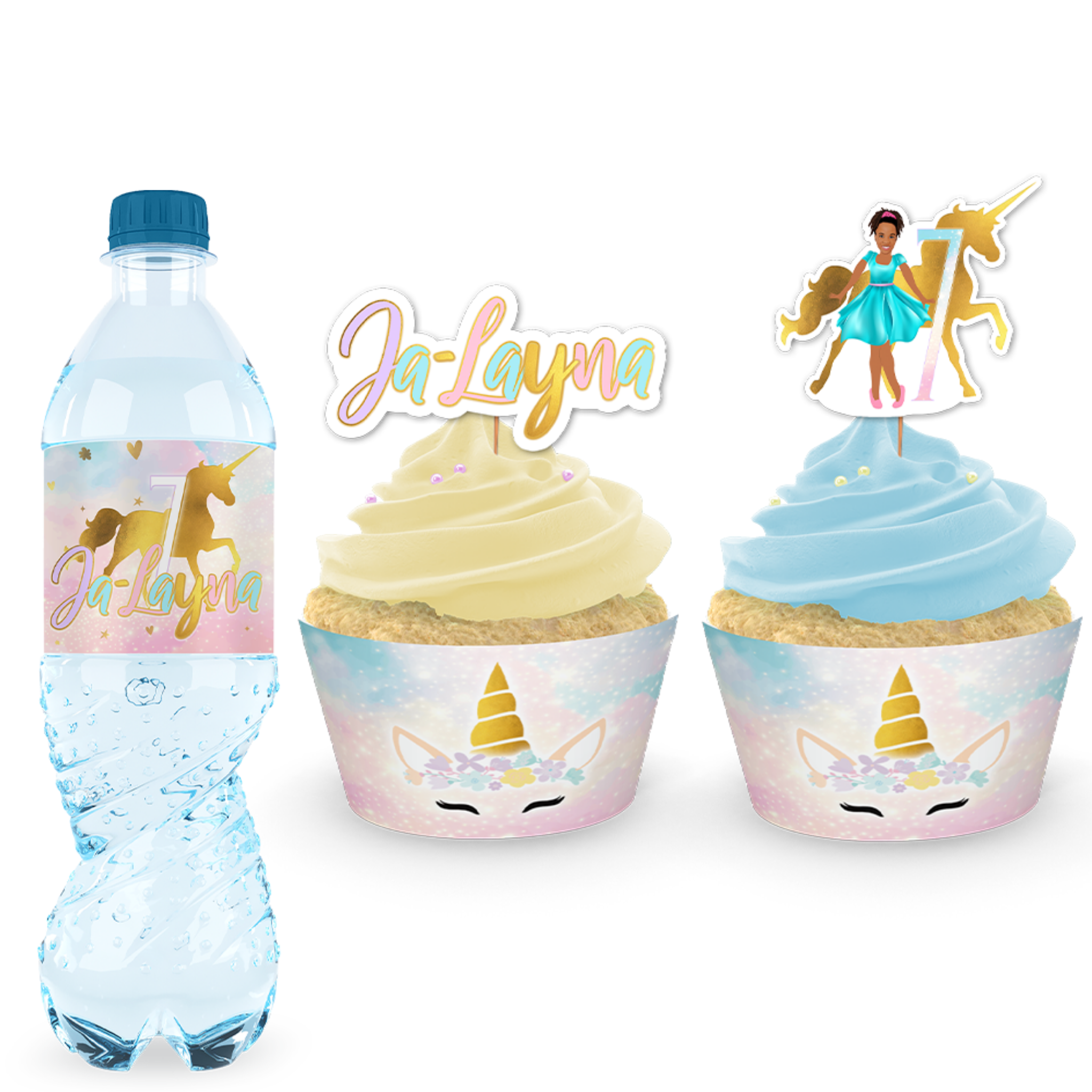 Unicorn / Eenhoorn waterfles label en cupcake toppers