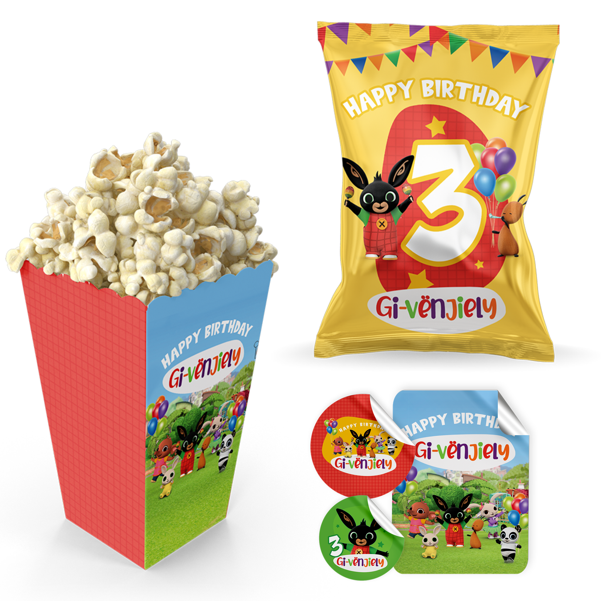 Bing popcornbak, chips en stickers