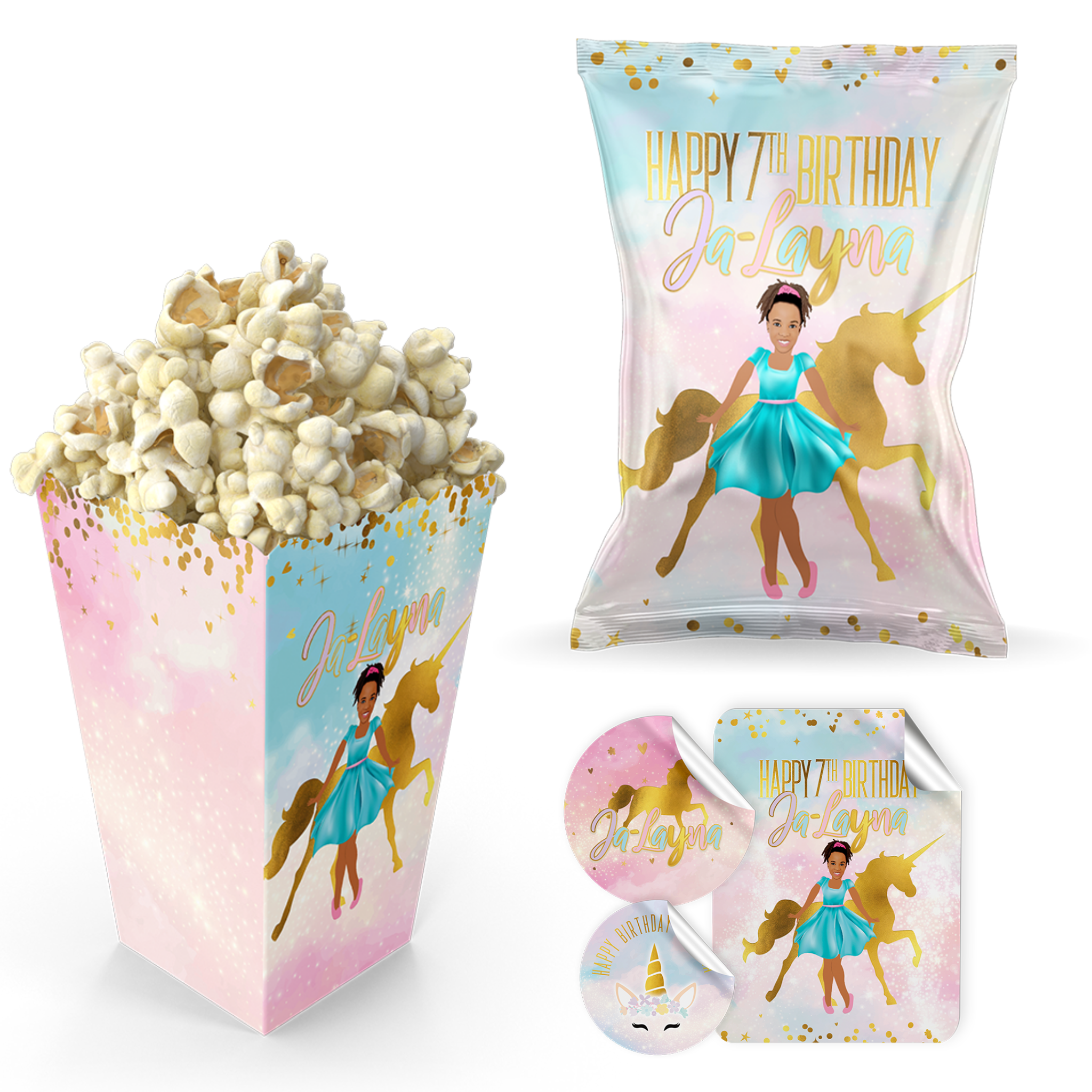 Unicorn / Eenhoorn popcornbak, chips en stickers