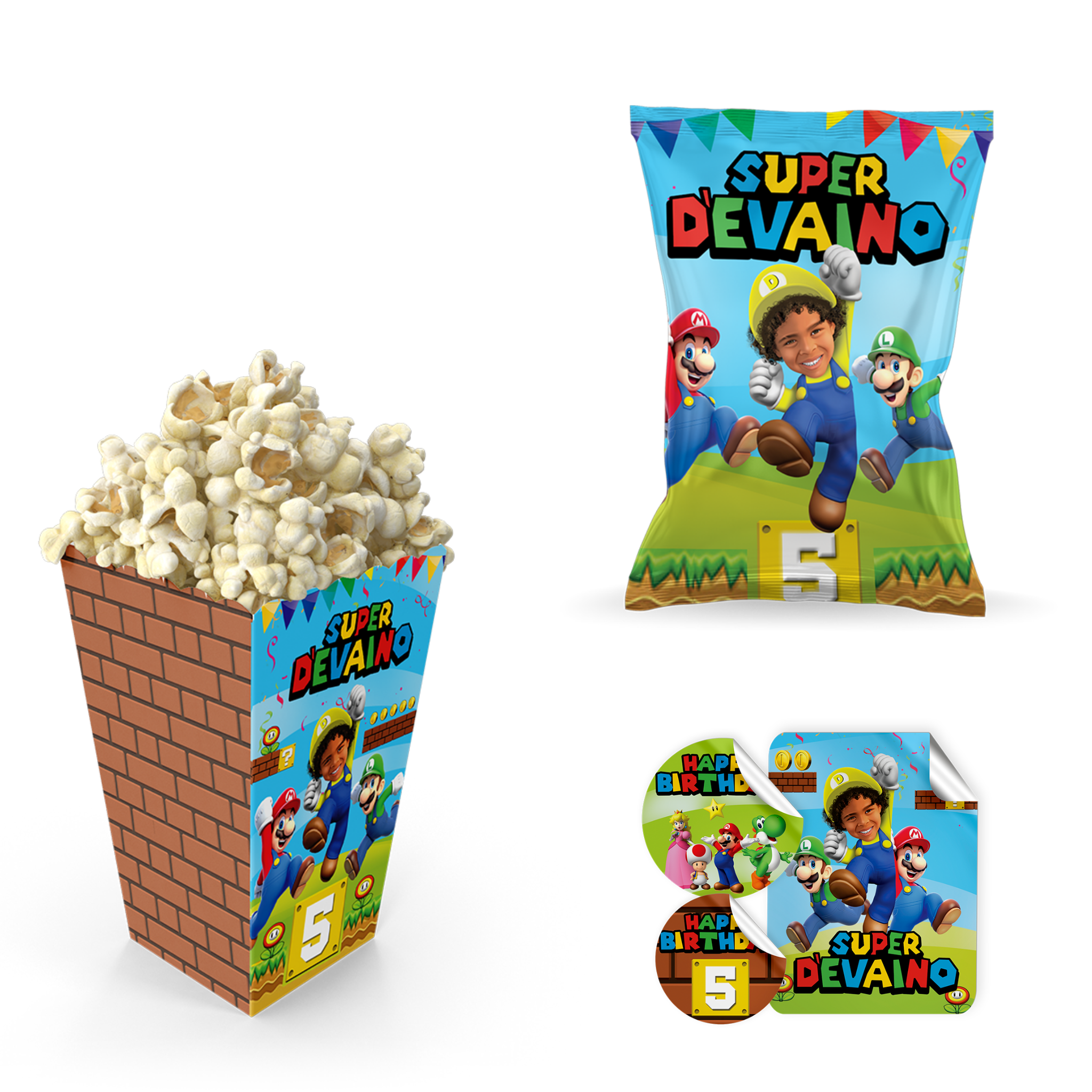 Super Mario popcornbak, chips en stickers