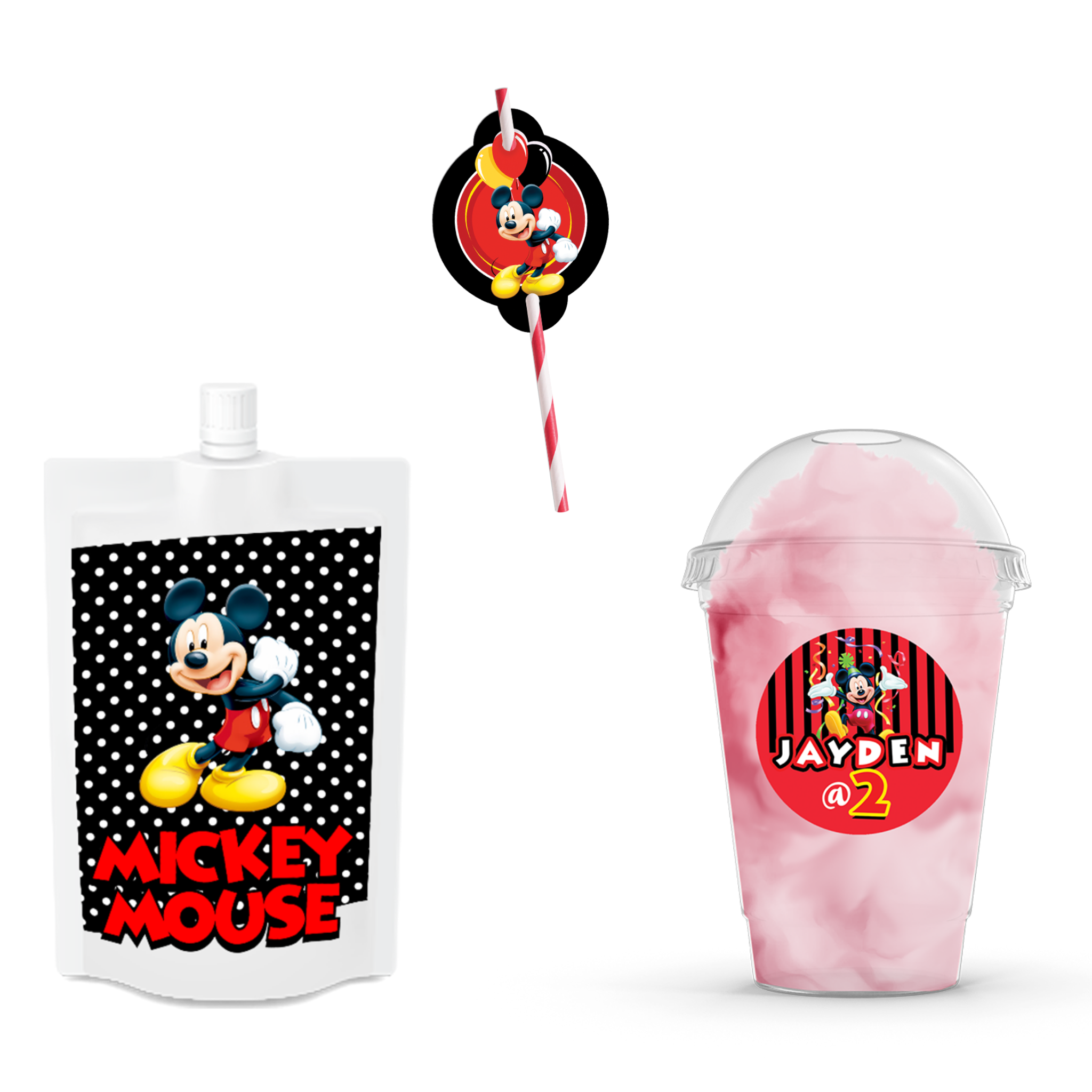 Mickey Mouse drinkzakje, rietje en suikerspinbeker