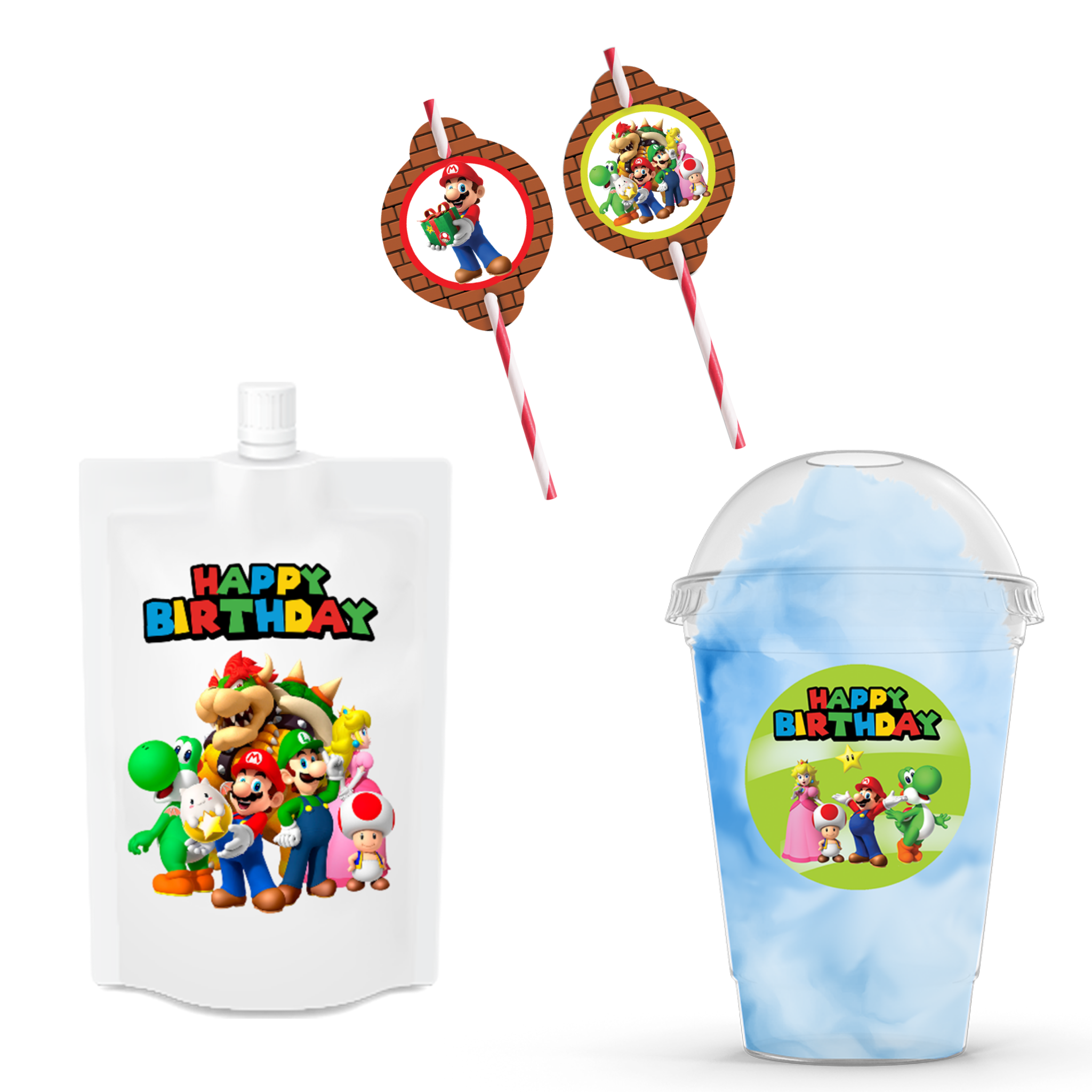 Super Mario drinkzakje, rietje en suikerspinbeker